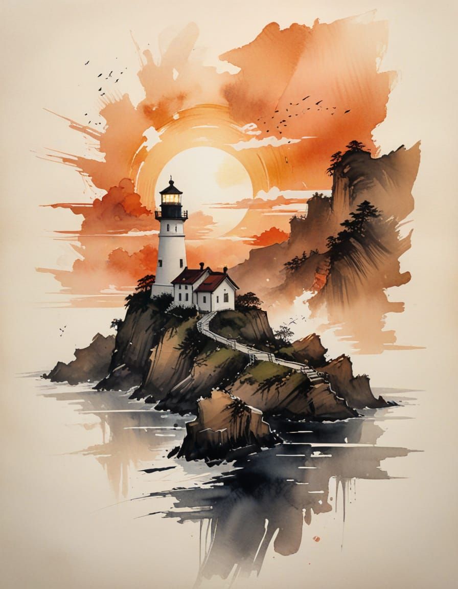 Lighthouse on Cliff Seascape at Sunset with Vibrant Ink Wash