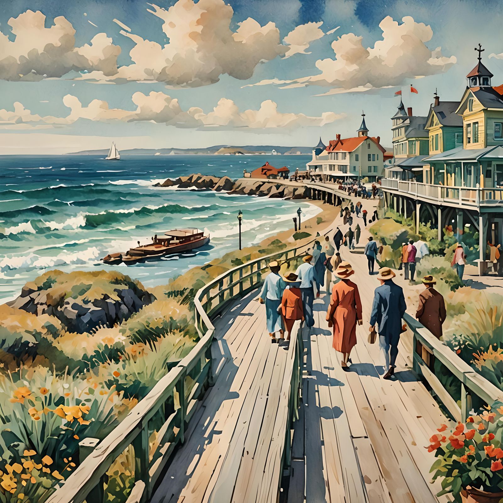 Seaside Boardwalk in Gouache Style Illustration