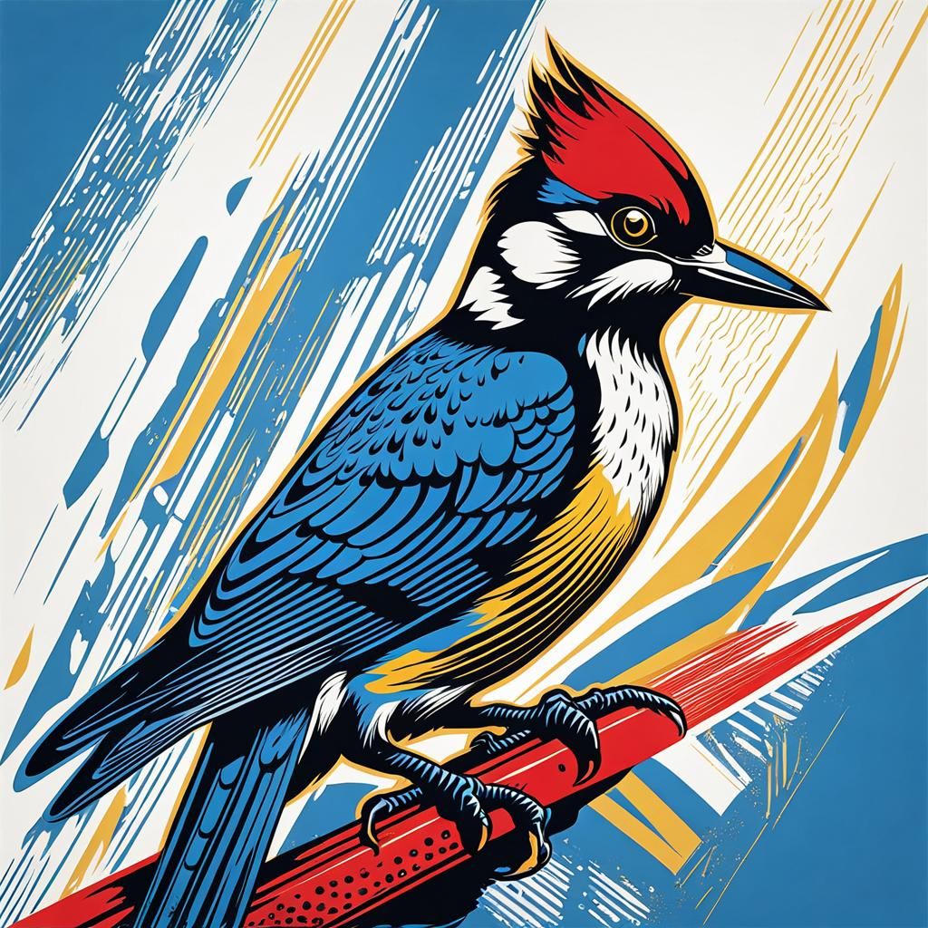 Woodpecker in Blue: A Hyperrealistic Woodcut Art Print