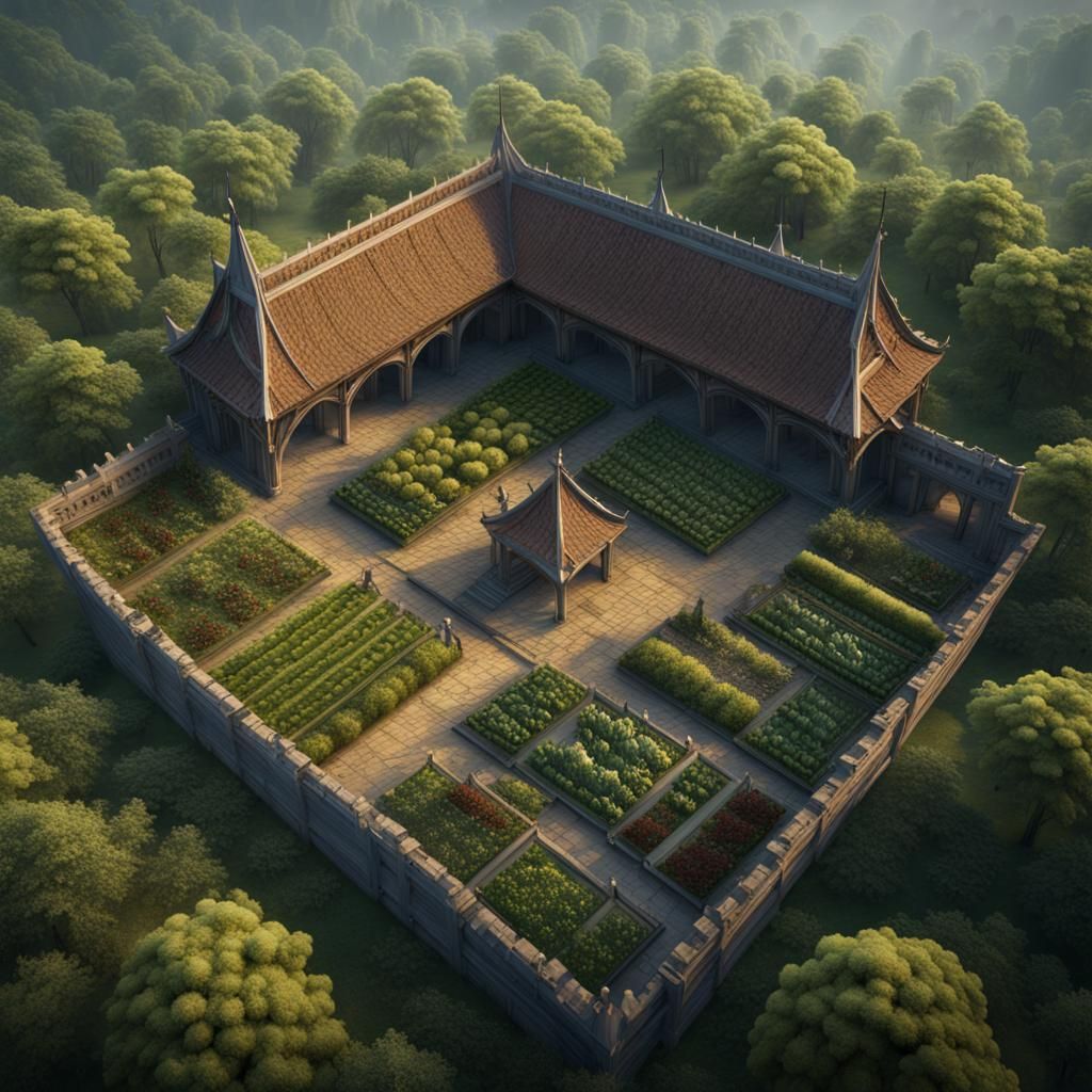 Asian Cloister Surrounded by Gardens: Fantasy Concept Art