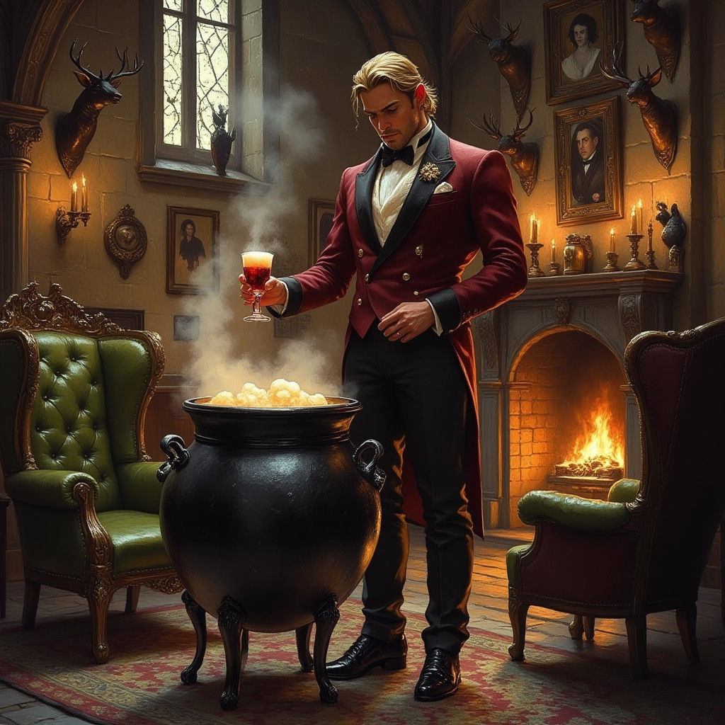 Mystical British Bottle Label with Alchemist in Dark Fantasy