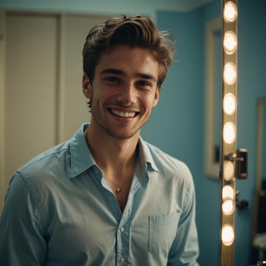 Young Man Smiles in Mirror, Cinematic Film Still