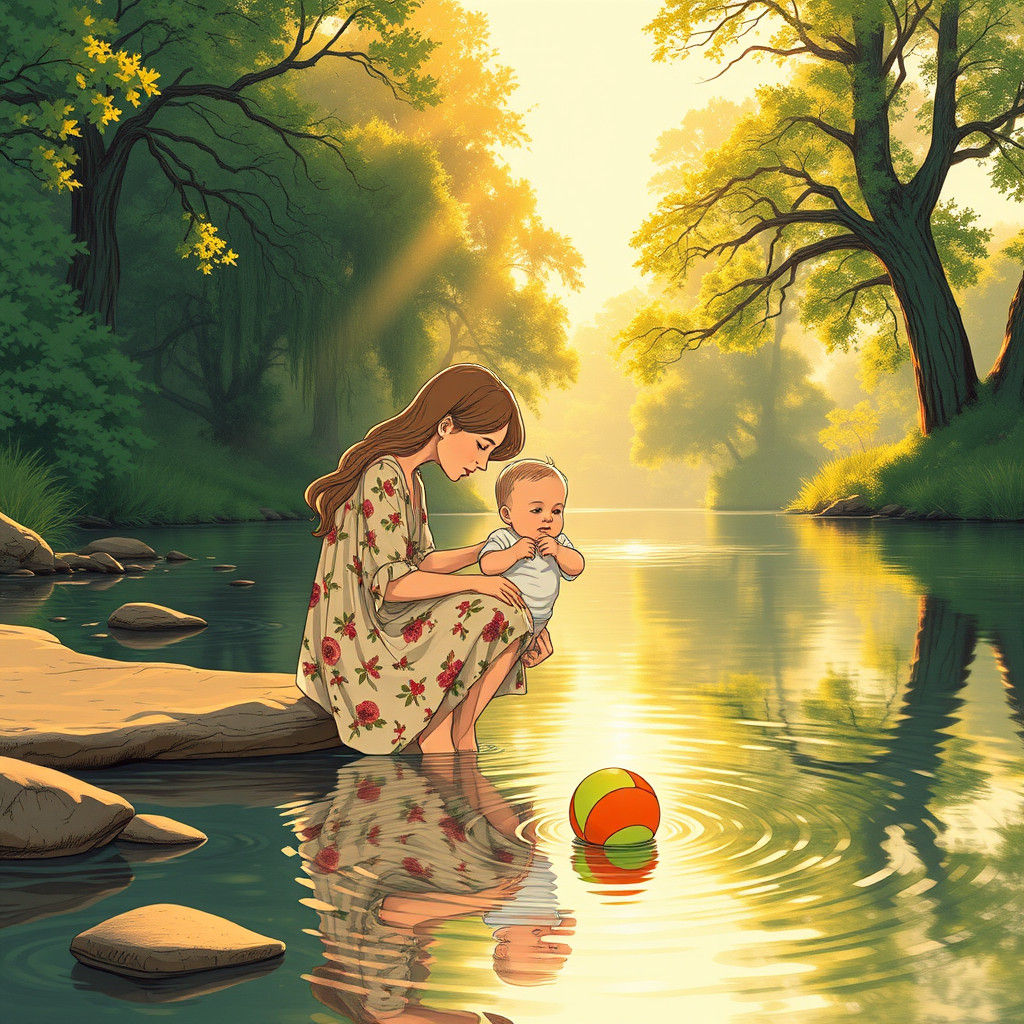 Serene Mother and Child at River's Edge in Whimsical Ligne C...