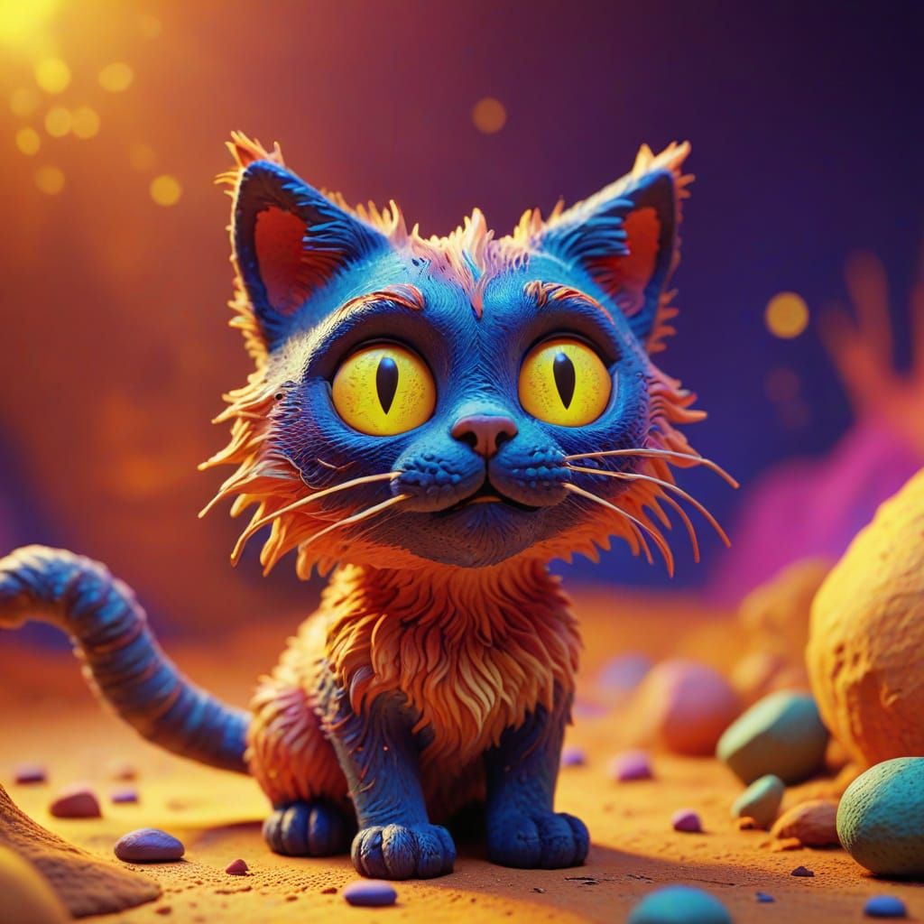 Colorful Claymation Cat in Stop-Motion Style