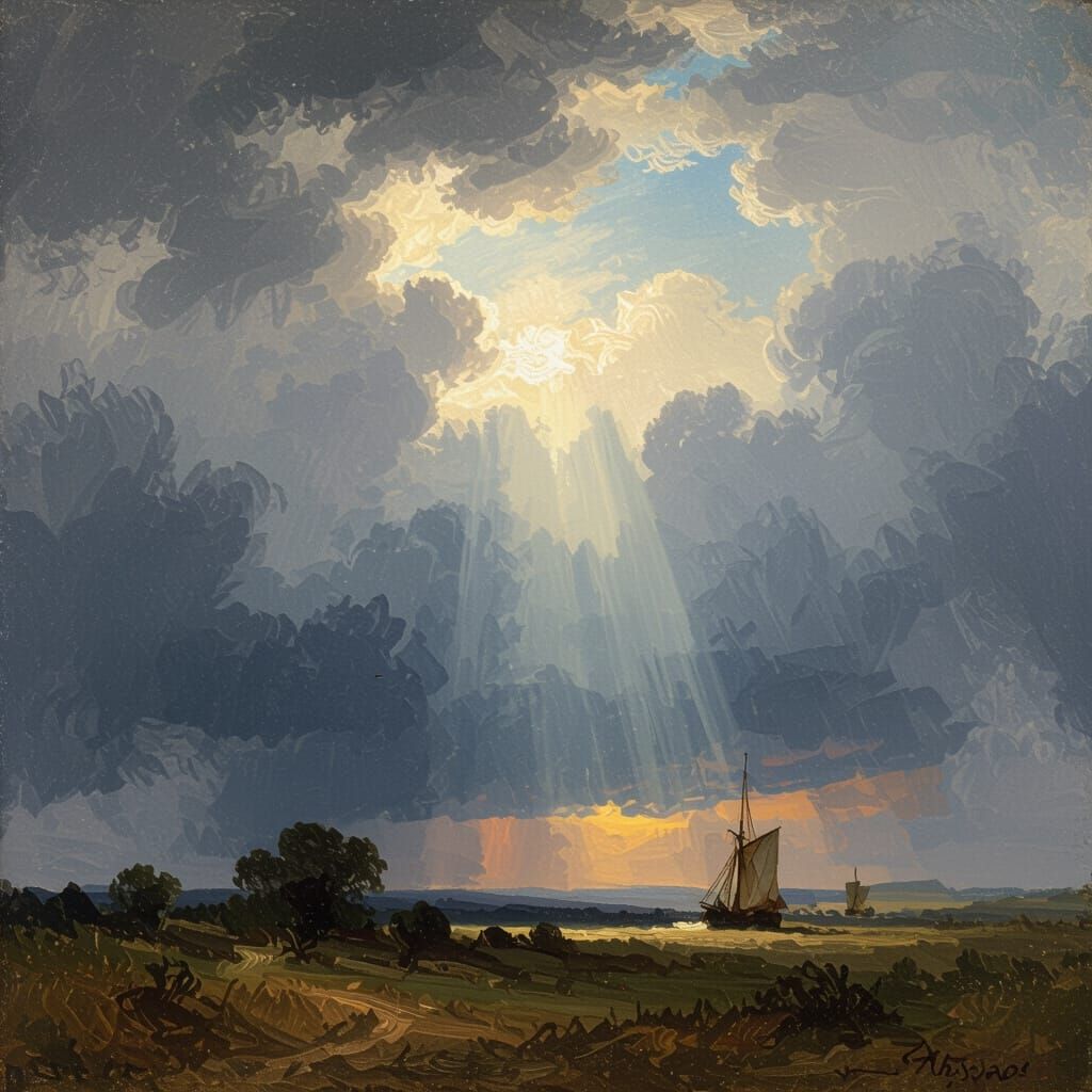 Dramatic Stormy Sky with Sunlight: Romantic Landscape
