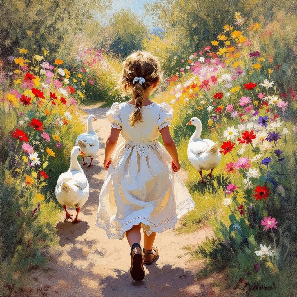 Girl with Geese in Impressionistic Flower Garden