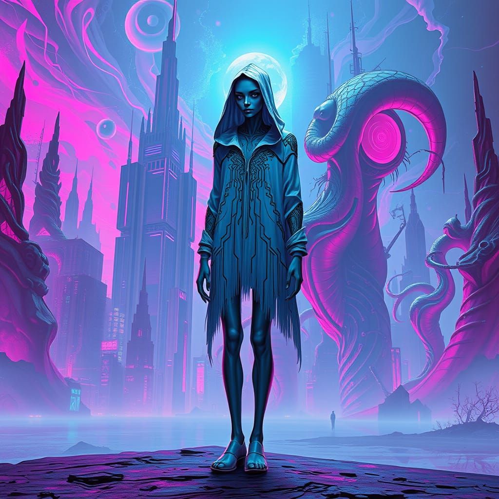 Androgynous Figure in a Dreamlike, Neon Metropolis