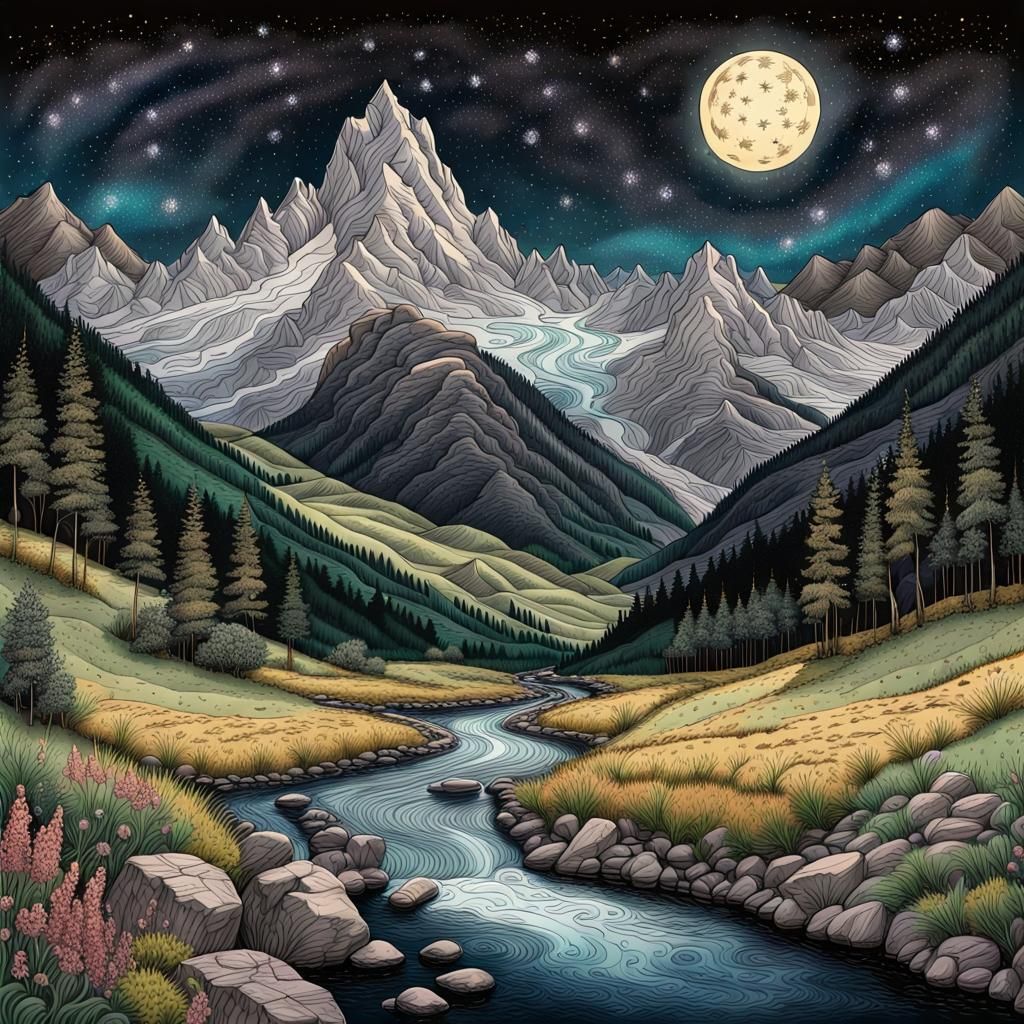 Majestic Mountains Under Starry Sky in Ink Drawing