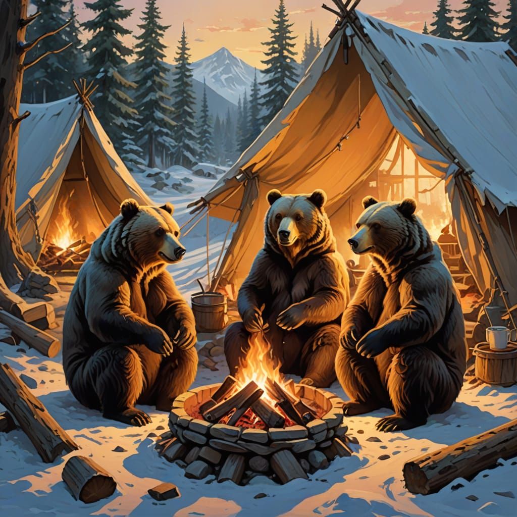 Cozy Winter Scene of Grizzly Bears Around a Campfire