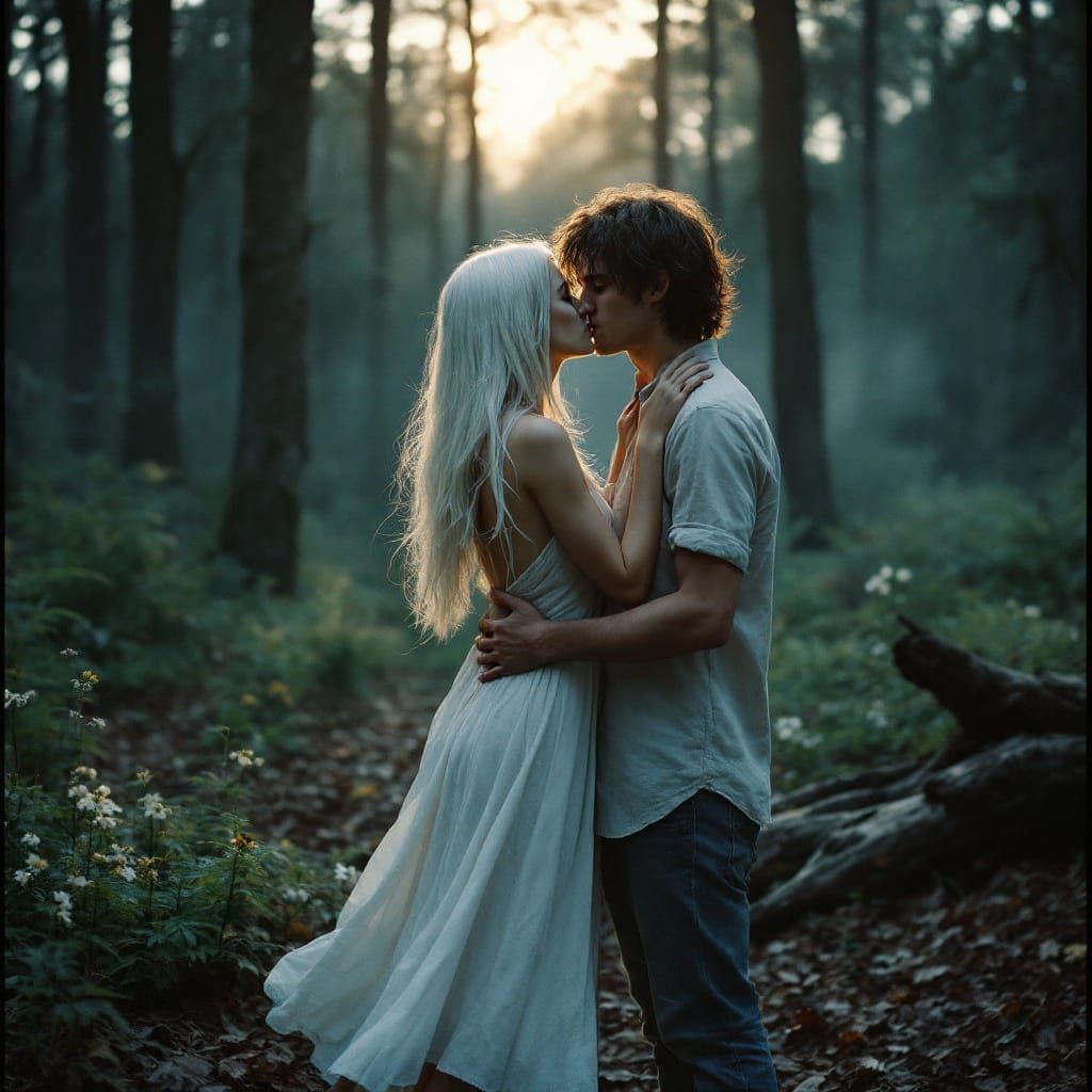 Romantic Moment in a Secluded Forest at Dusk