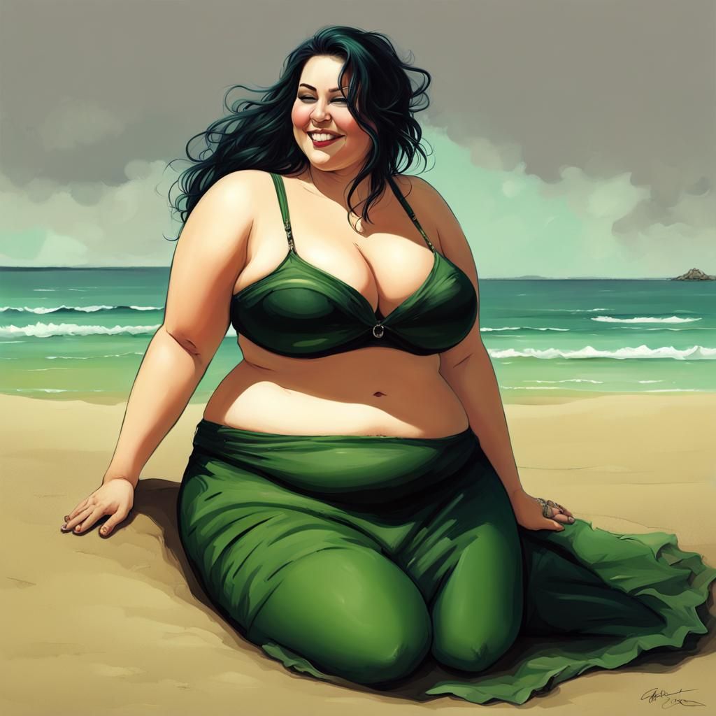 Gothic Plus-Size Woman on Beach in Detailed Matte Painting