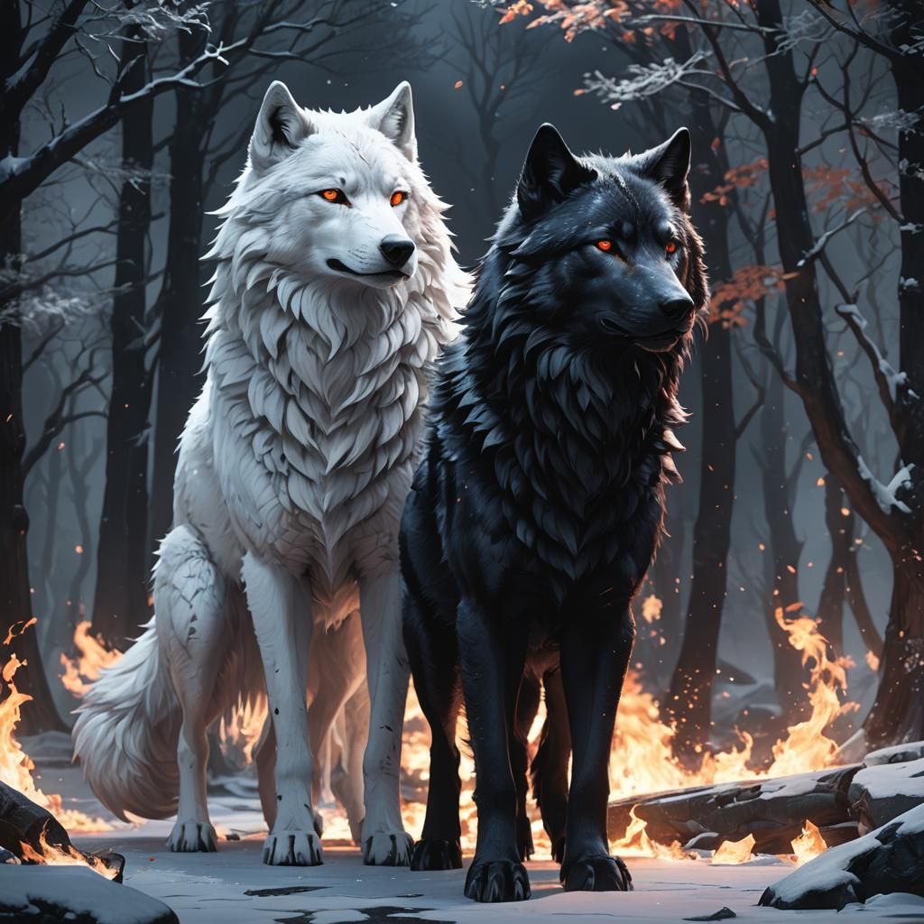 Ice and Fire Wolves in Anime Style