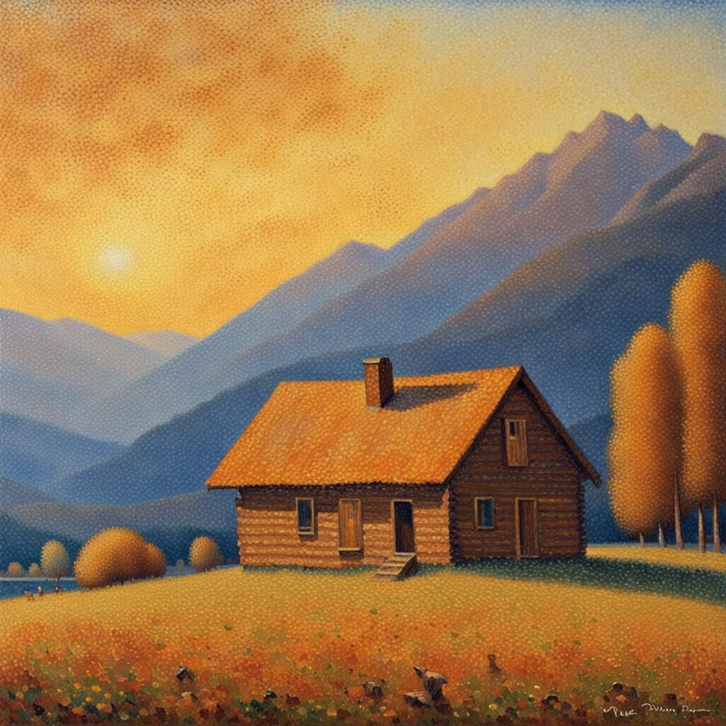 Fall Cabin in Pointillism Style by Seurat