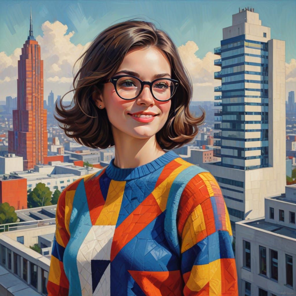 Smiling Brunette in Art Deco Cityscape