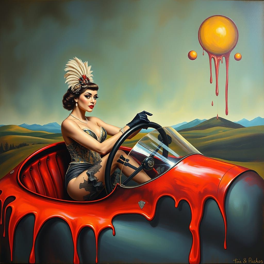 Burlesque Dancer Drives Racecar in Surrealist Landscape