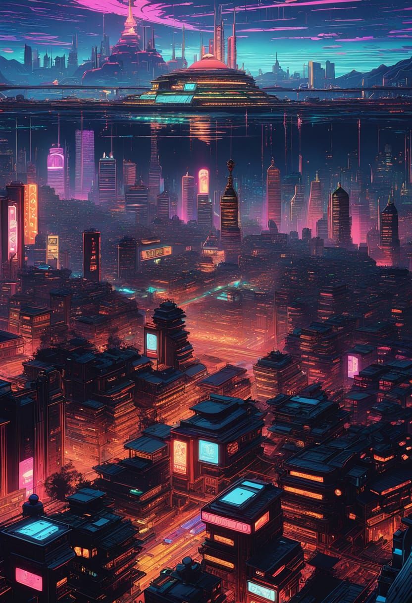 Cyberpunk Metropolis at Night: Neon Lights and Flying Vehicl...