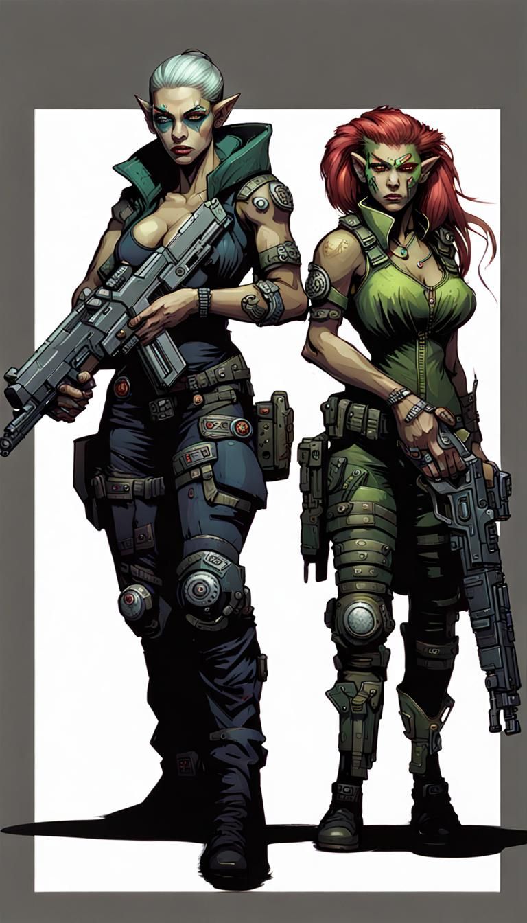 Cyberpunk Elf and Troll Mercenaries in Shadowrun Style