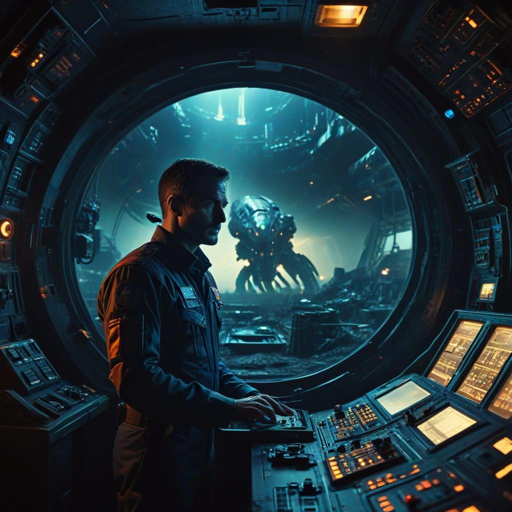Ship Commander Stands Amidst Alien Ruins in Cinematic Film S...