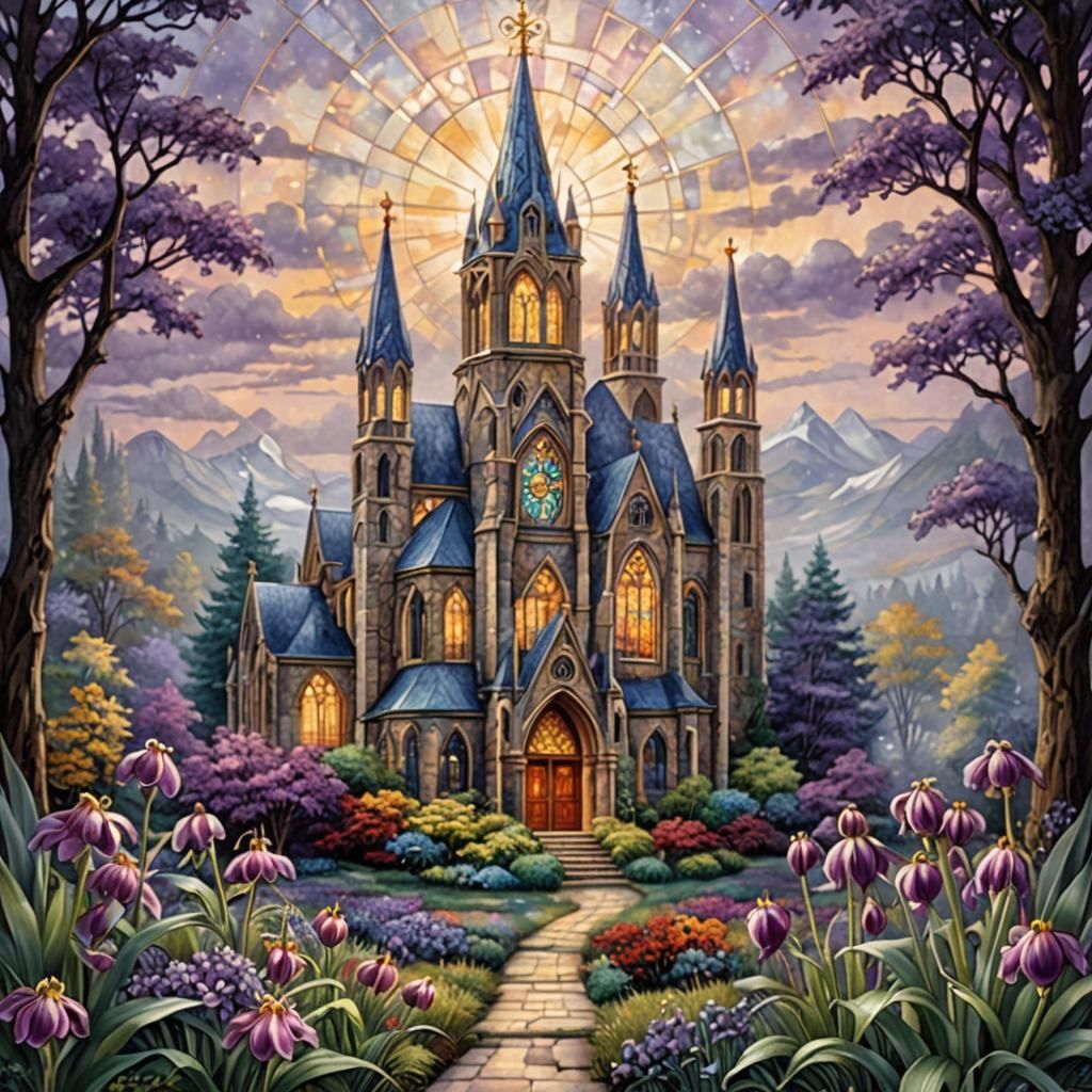 Ethereal Stained Glass Cathedral with Purple Flower