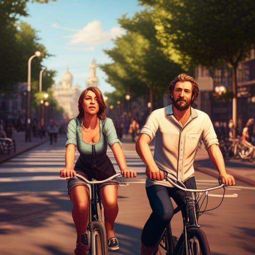 Happy Couple on Bikes in Dynamic Lighting