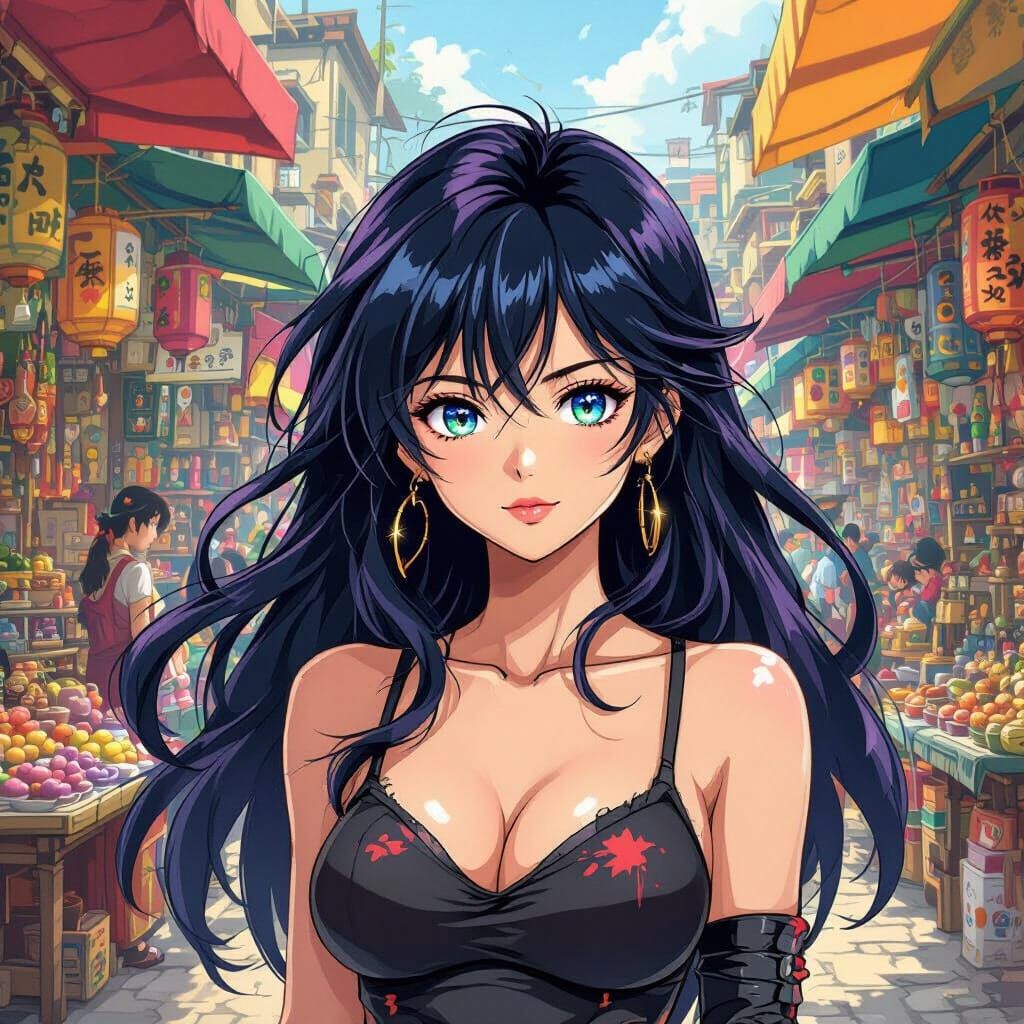 Anime Woman in Bustling Marketplace, Trigun Style