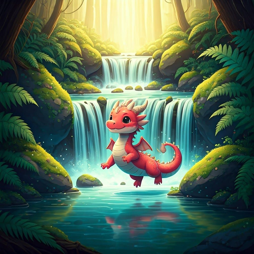 Pastel Chibi Red Dragon Waterfall Adventure