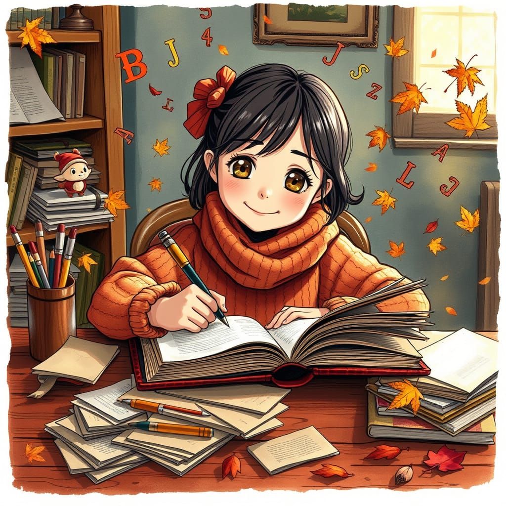 Cozy Autumn Girl Writes Whimsical Story
