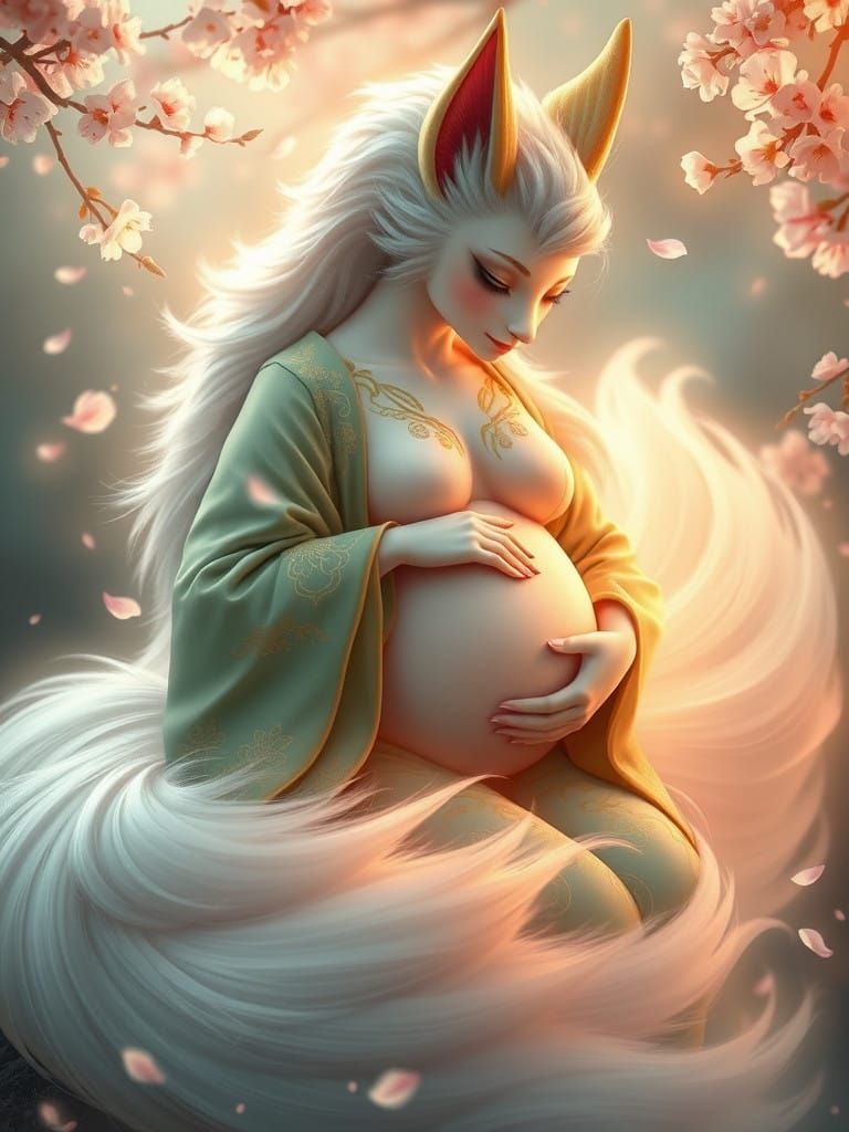 Majestic Kitsune Goddess in Dreamy Cherry Blossom Landscape