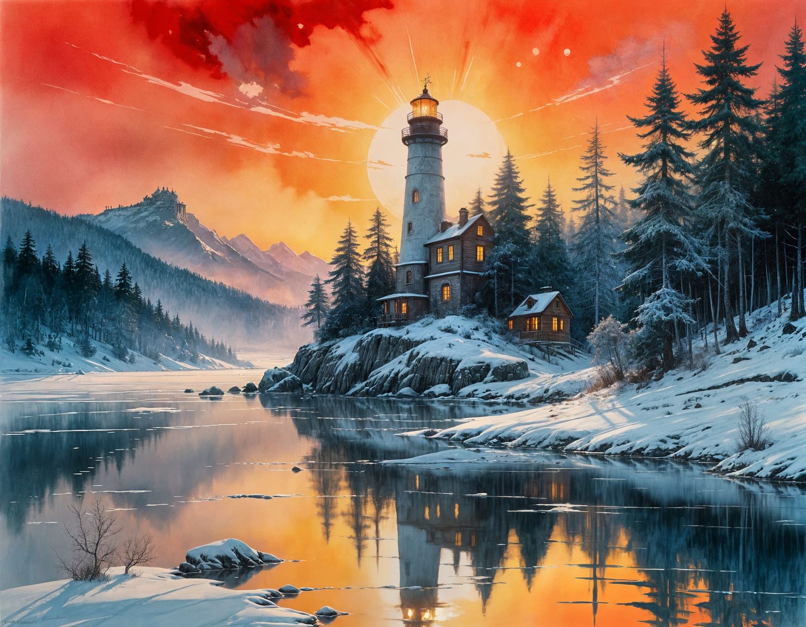 Lighthouse on Frozen Lake: Digital Matte Painting