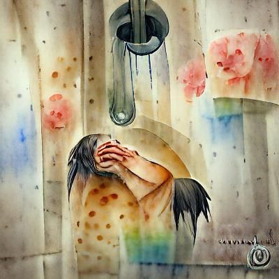 Crying Figure in Shower: Dark Watercolor Artwork