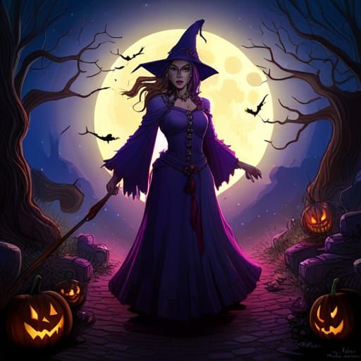 Halloween Witch and Cat, Dark Fantasy Art