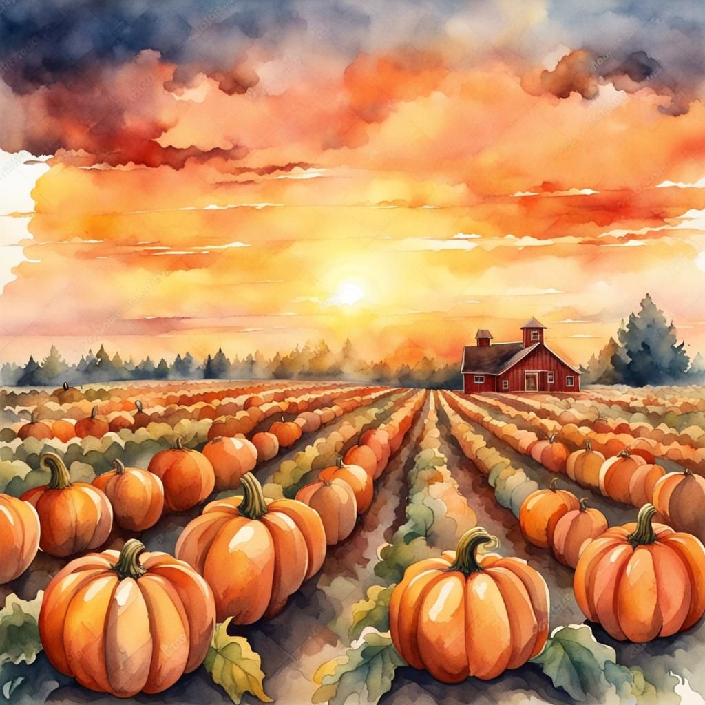 Vast Pumpkin Field at Sunset in Watercolor Style