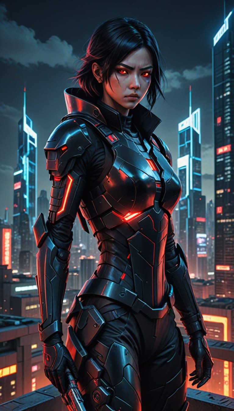 Anime Assassin in Cyberpunk Cityscape