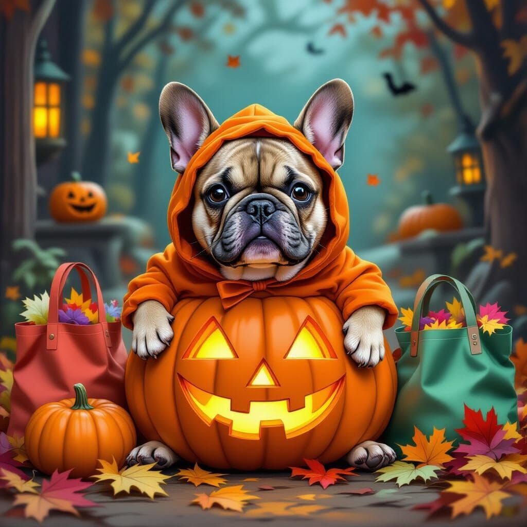 French Bulldog in Pumpkin Costume with Halloween Decor
