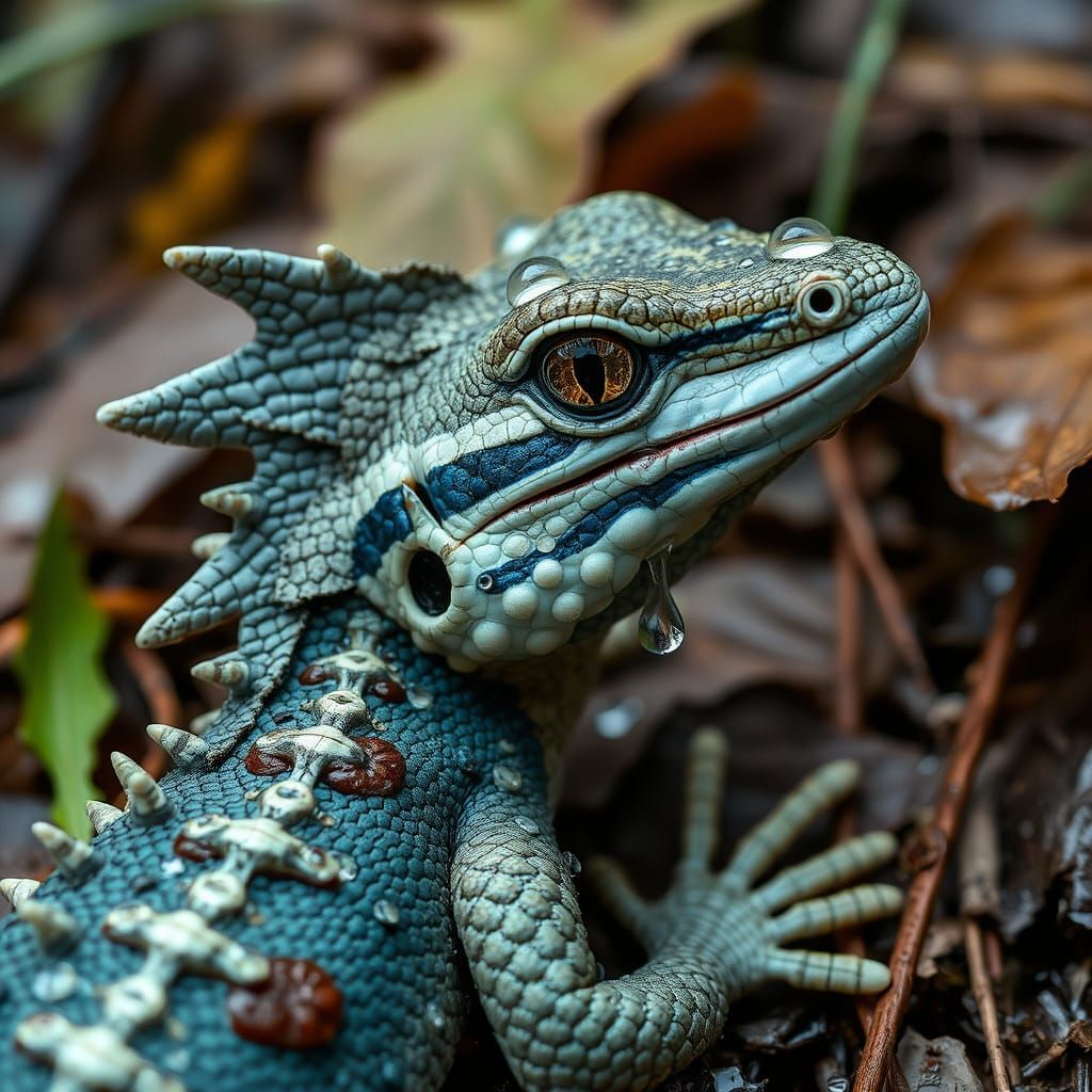 Surreal Dragon Lizard Emerges from Rainy Forest Floor