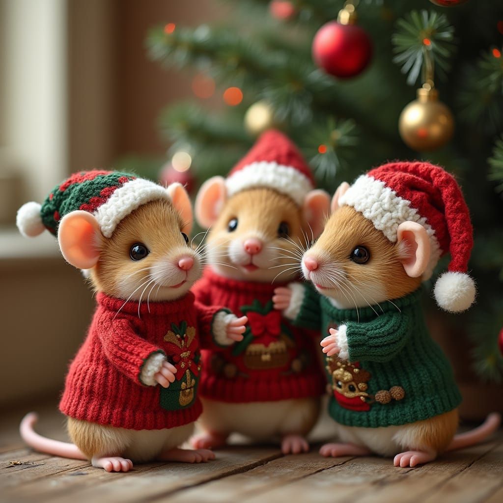 Chubby Mice Decorate Christmas Tree in Festive Sweaters