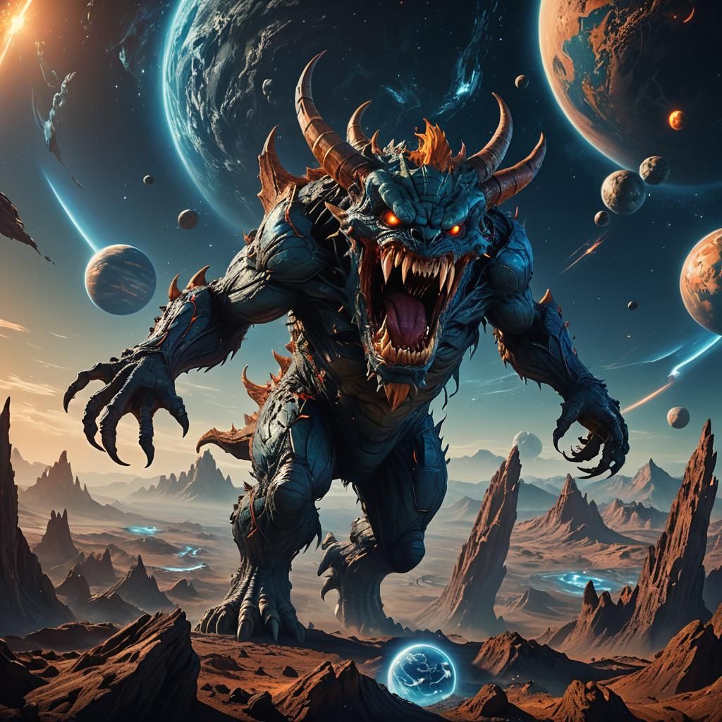 Grotesque Space Monster Gazing at Earth