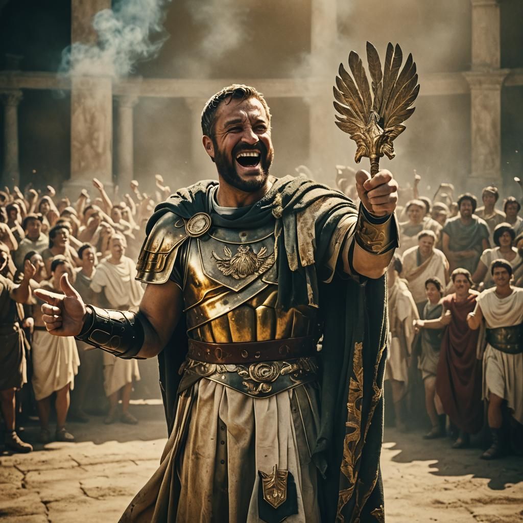 Laughing Roman Emperor in Arena: Cinematic Film Still