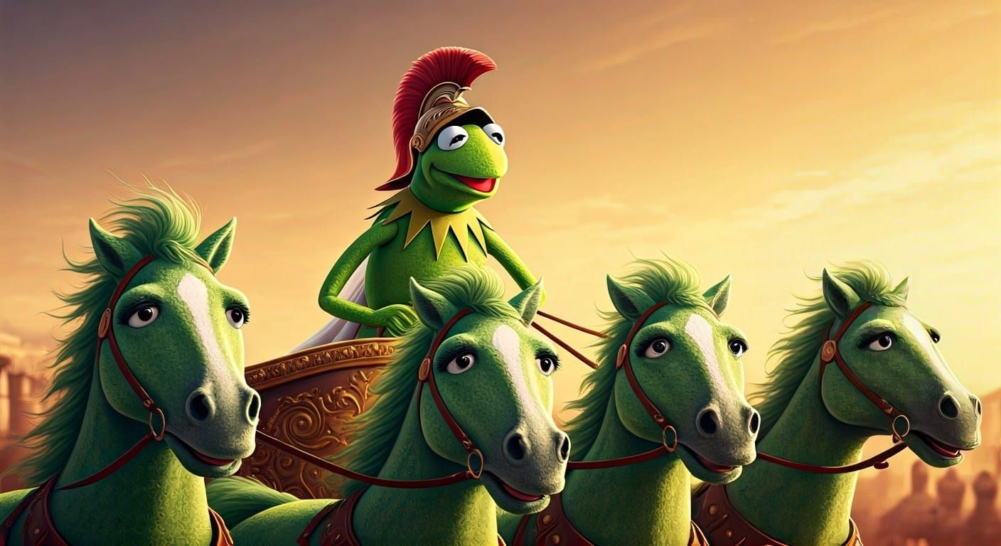 Kermit Charioteer Rides Plush Green Muppet Horses