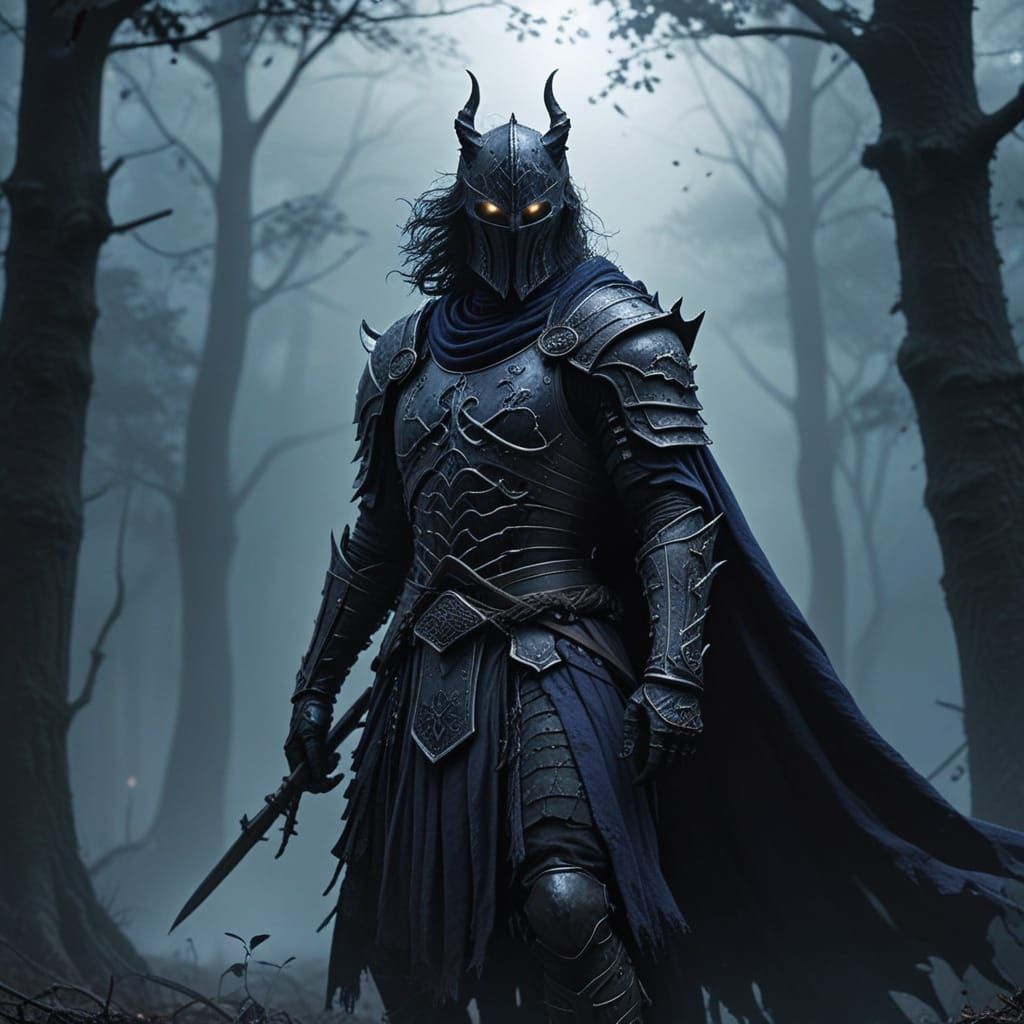 Medieval Knight Rides Through Dark Fantasy Woods