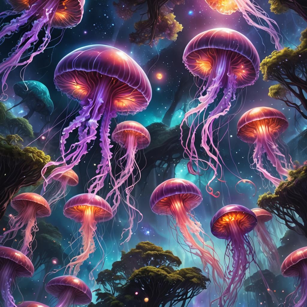 Galactic Jellyfish Drifting Above Jungle, Fantasy Art