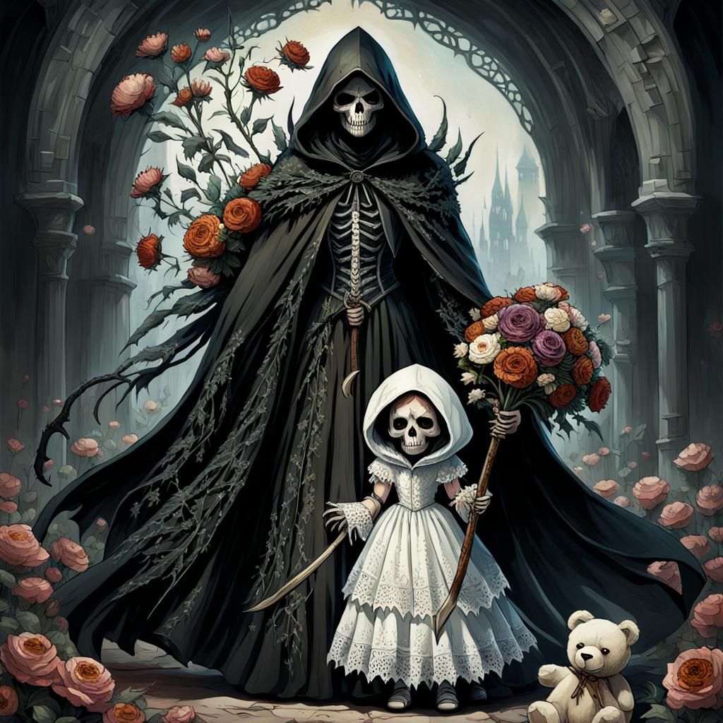 Hooded Figure with Scythe and Child, Fantasycore Art