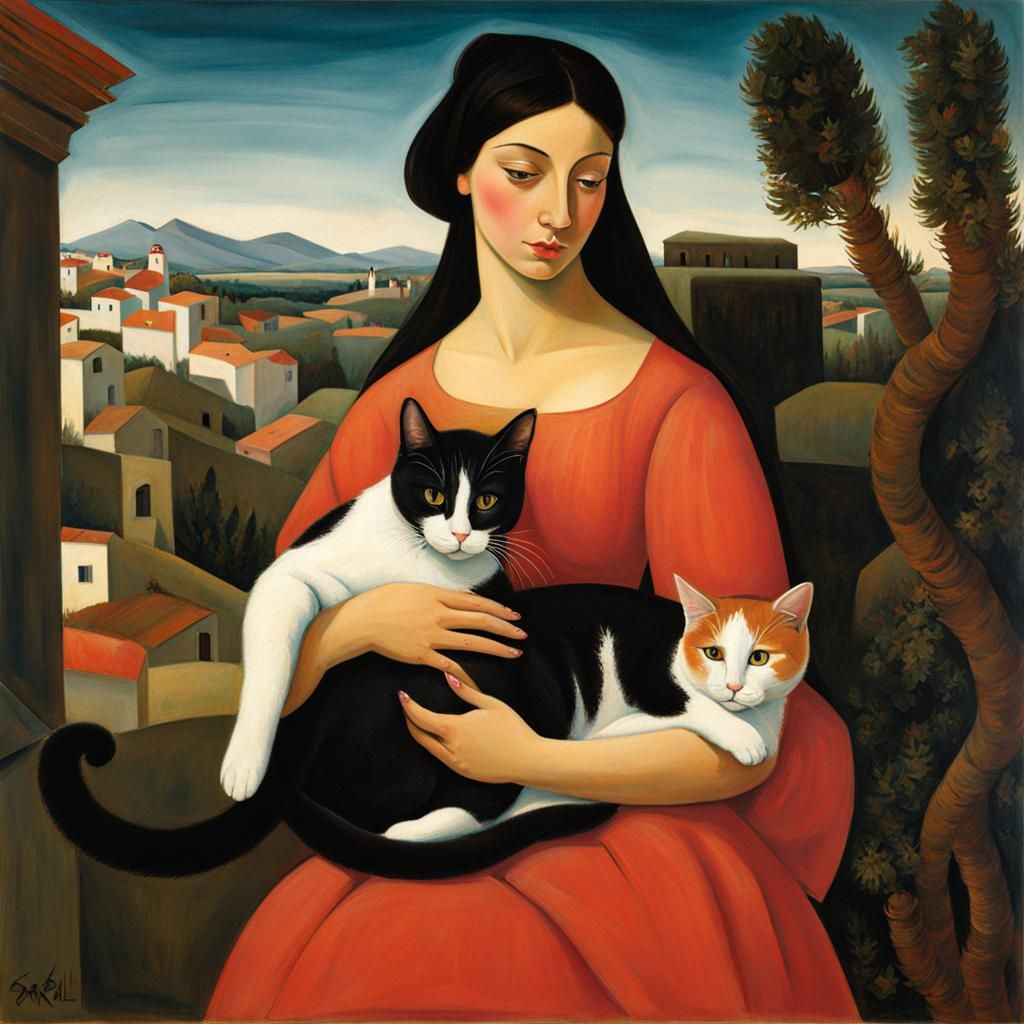 Woman Holding Cats, Renaissance-style Digital Art