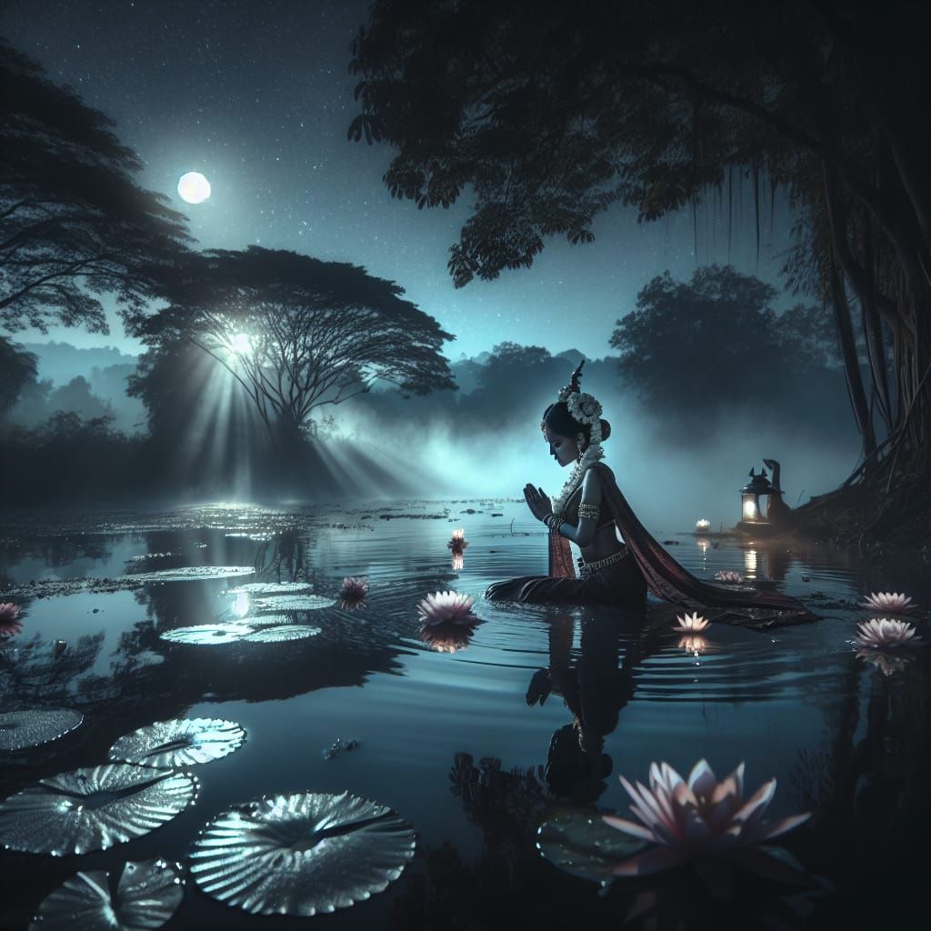 Hindu Princess Bathes in Starry Lake at Night