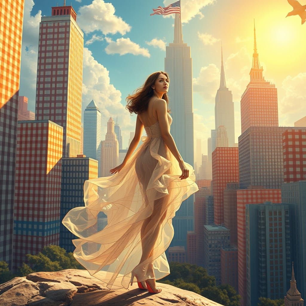 Vibrant Gingham Cityscape in Whimsical, Dreamlike Style