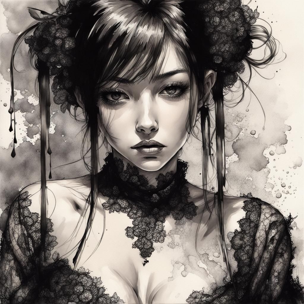 Beautiful Japanese Girl in Lingerie: Ink Splash Art