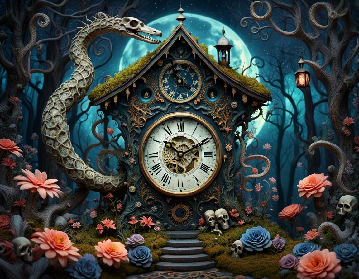 Midnight Clock in Enchanted Forest: Detailed Matte Painting