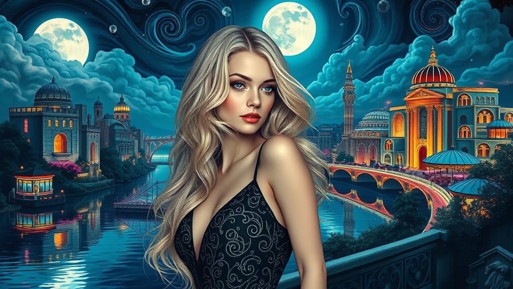 Moonlit and surrounded by a vibrant cityscape, a stylish and...