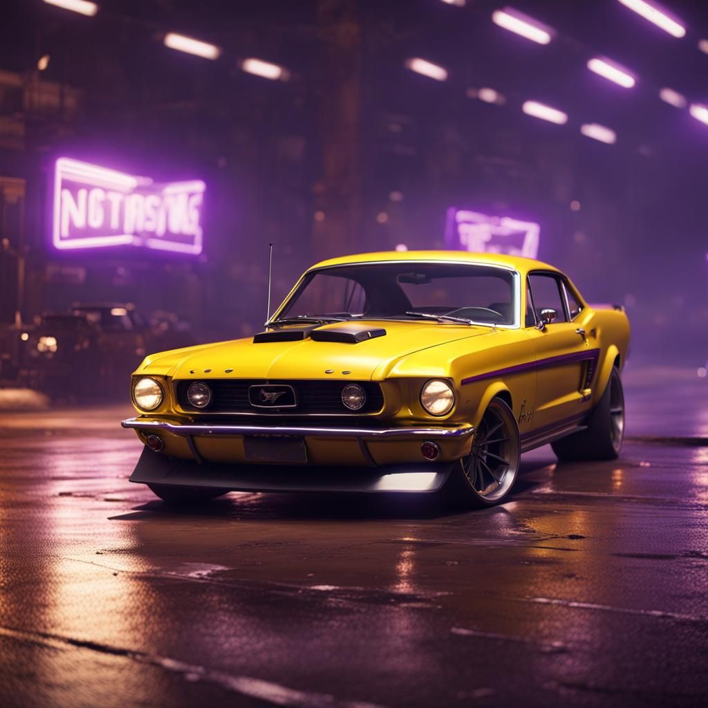 Yellow Mustang with Purple Emblem in Detailed Matte Painting