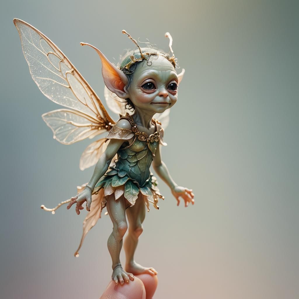 Tiny Goblin Fairy on Fingertip, Whimsical Illustration